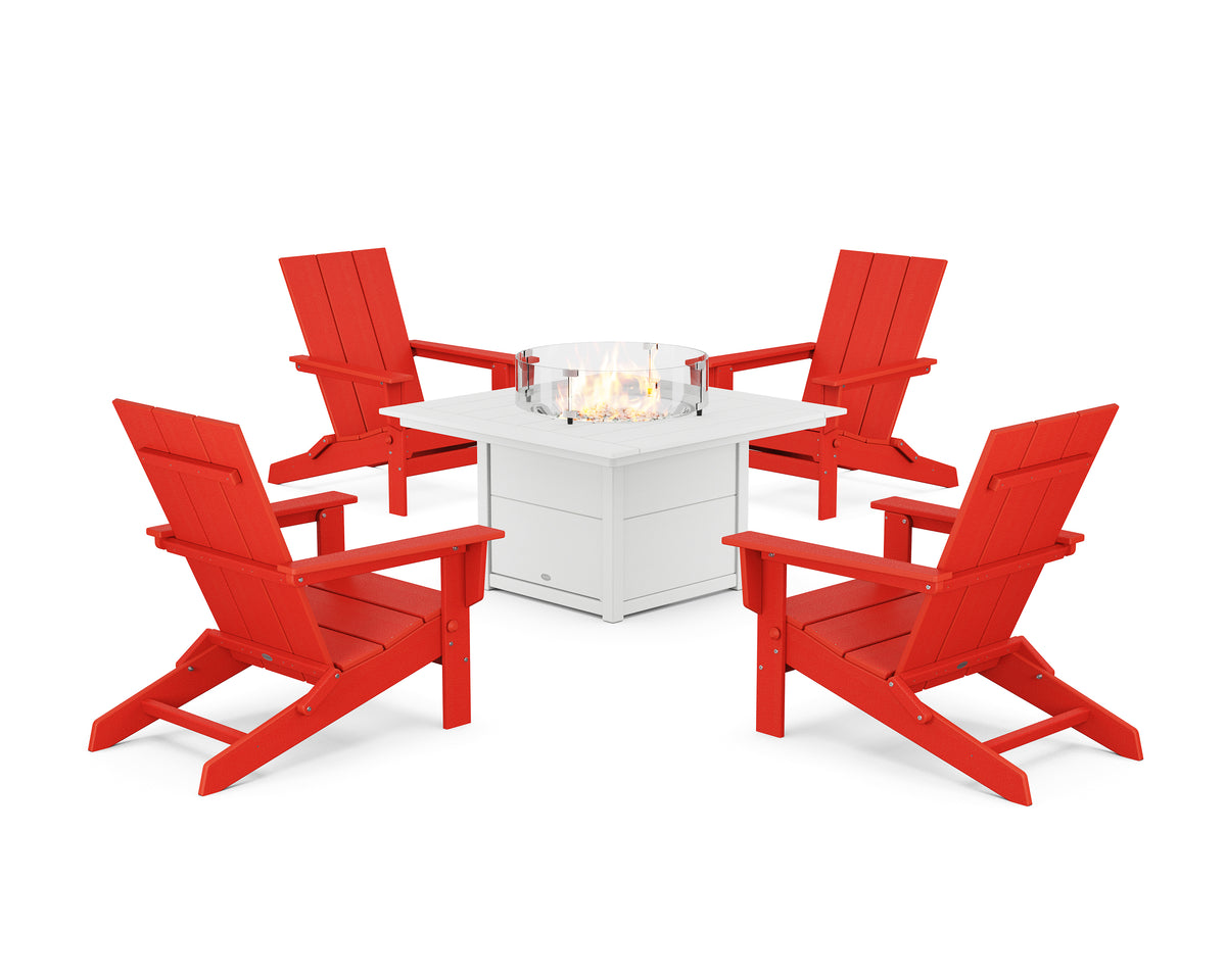 POLYWOOD 5-Piece Modern Studio Folding Adirondack Conversation Set with Fire Pit Table in Sunset Red / White