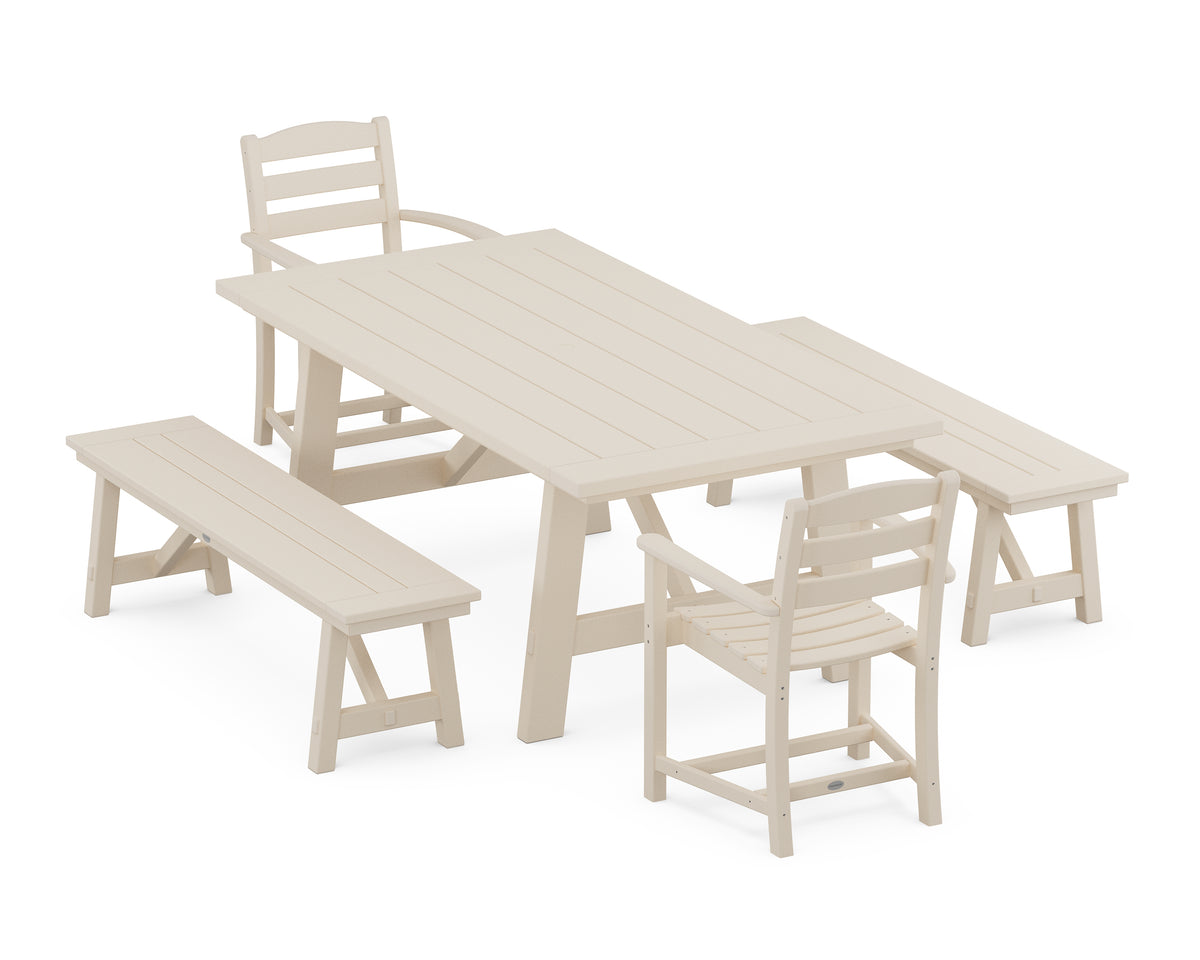 POLYWOOD La Casa Café 5-Piece Rustic Farmhouse Dining Set with Benches in Sand