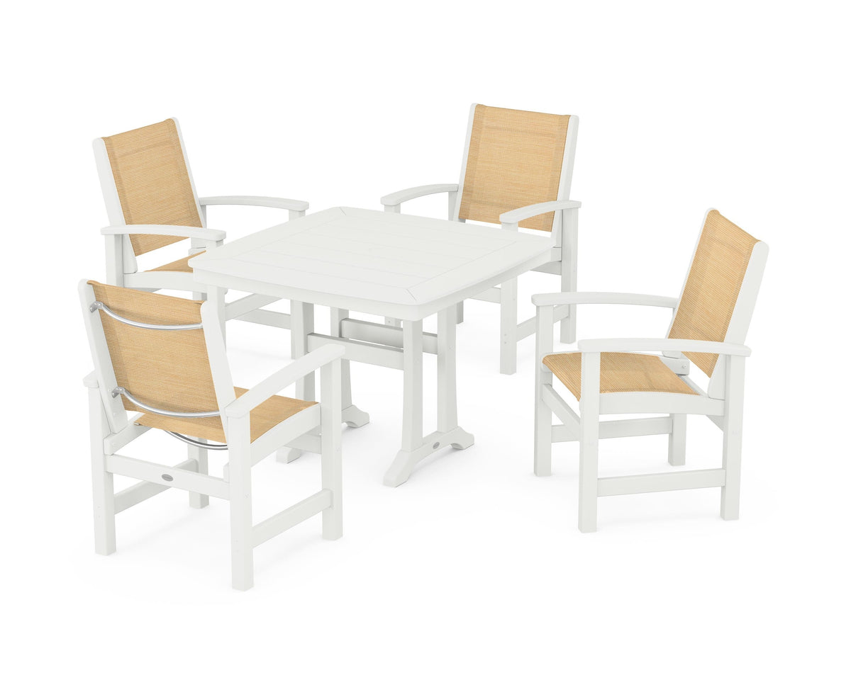 POLYWOOD Coastal 5-Piece Dining Set with Trestle Legs with Nautical Trestle 37" Dining Table in Vintage White / Dupioni Apricot