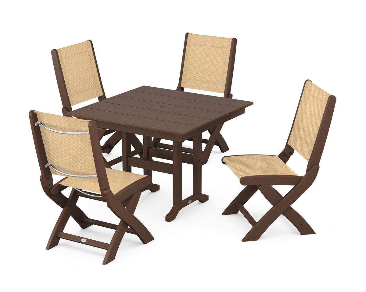 POLYWOOD Coastal Folding Side Chair 5-Piece Farmhouse Dining Set in Mahogany / Dupioni Apricot