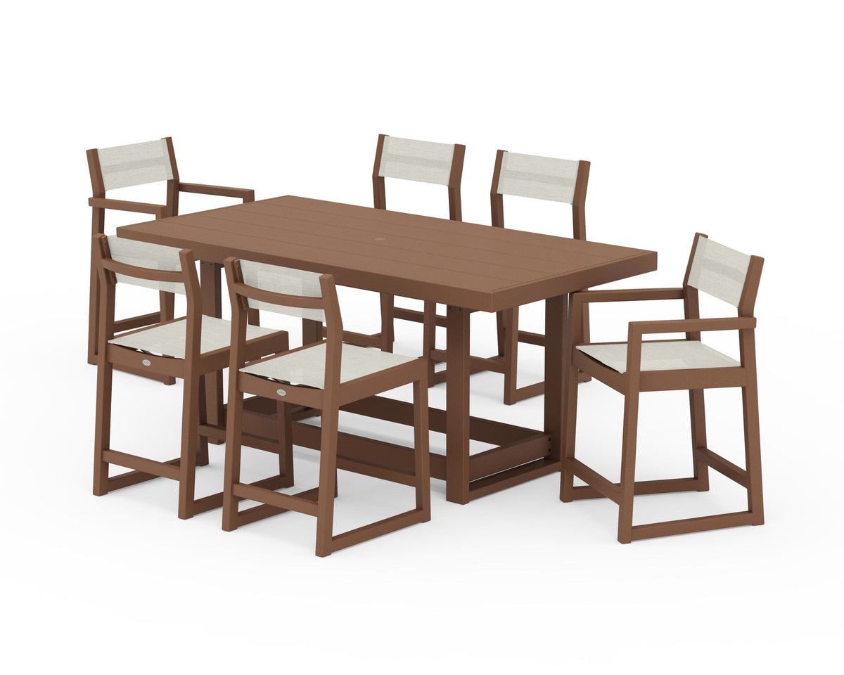 POLYWOOD EDGE Sling 7-Piece Counter Table Set in Teak / Parchment