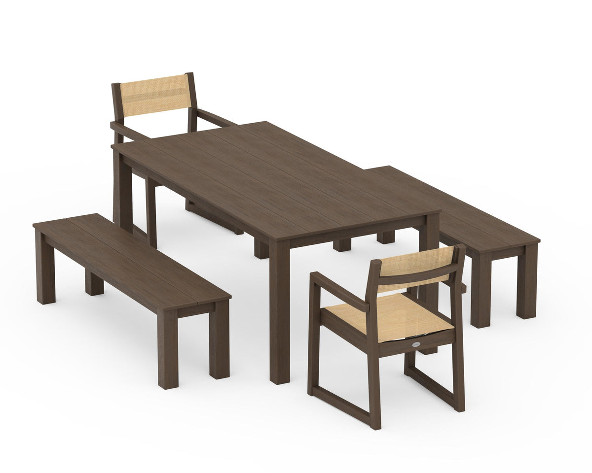 POLYWOOD EDGE Sling Arm Chair 5-Piece Parsons Dining Set with Benches in Kona / Dupioni Apricot