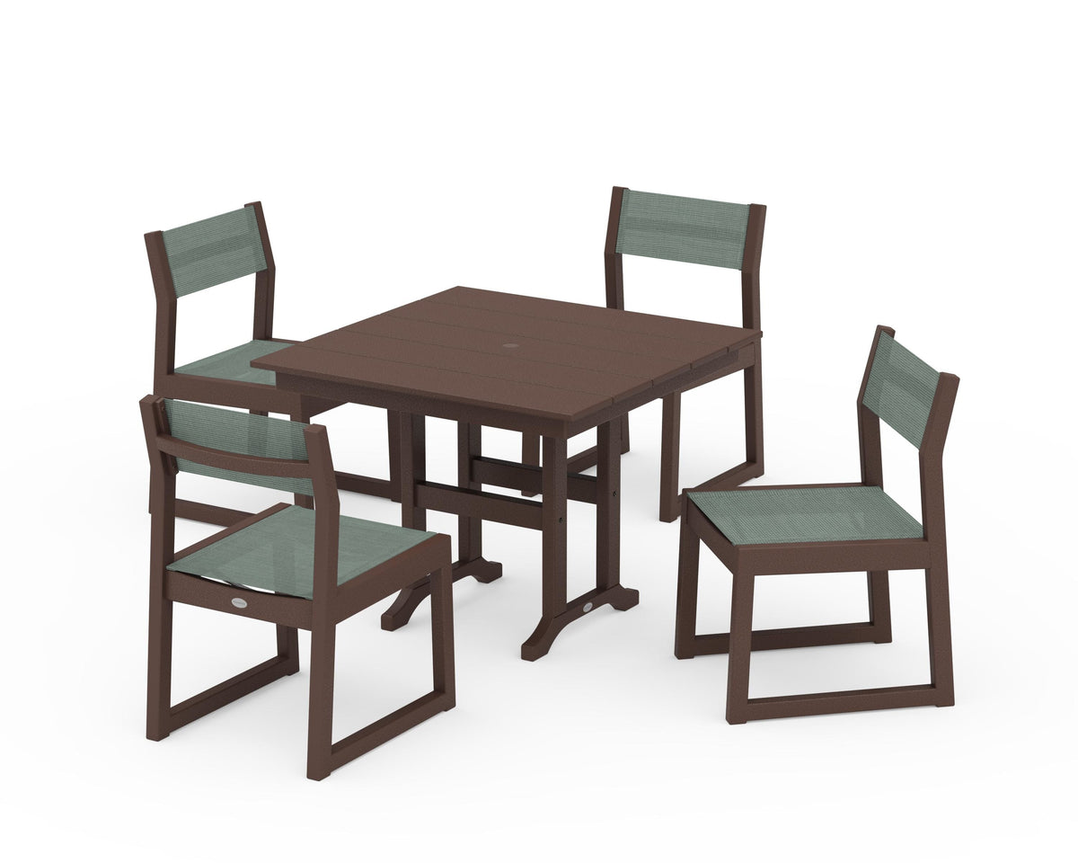 POLYWOOD EDGE Sling Side Chair 5-Piece Farmhouse Dining Set in Mahogany / Dupioni Sea Mist