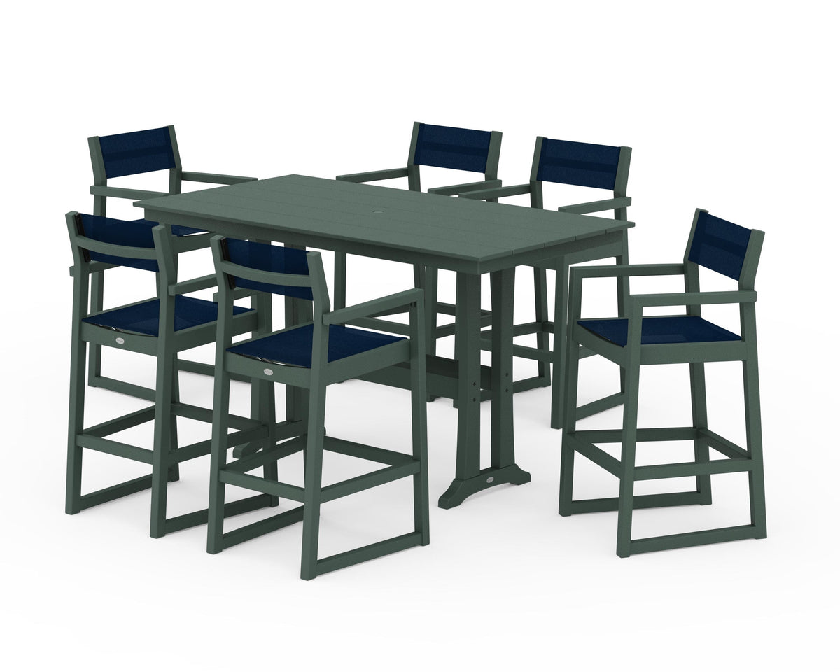 POLYWOOD EDGE Sling Arm Chair 7-Piece Farmhouse Bar Set with Trestle Legs in Green / Navy Blue