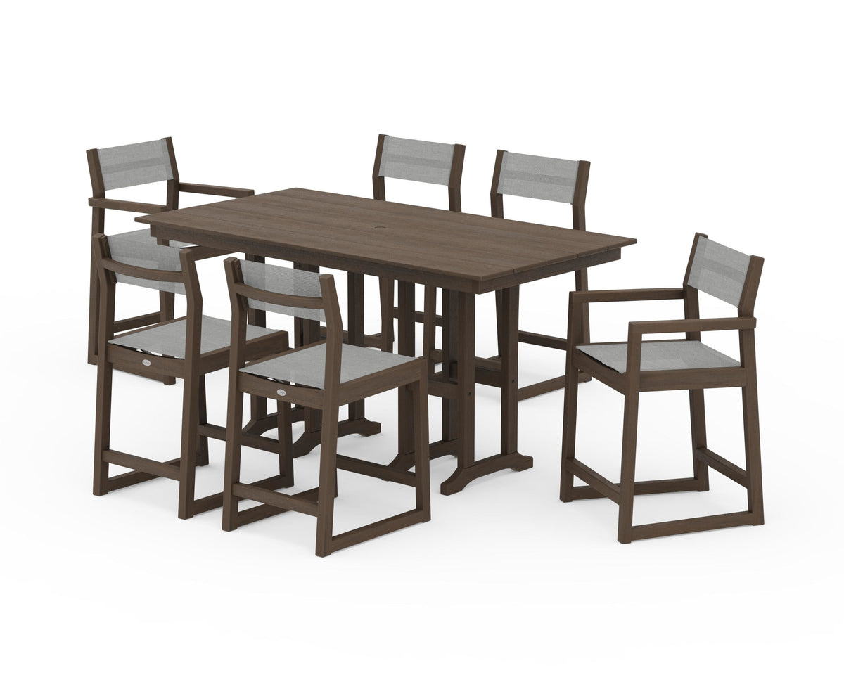 POLYWOOD EDGE Sling 7-Piece Farmhouse Counter Set with Trestle Legs in Kona / Metallic