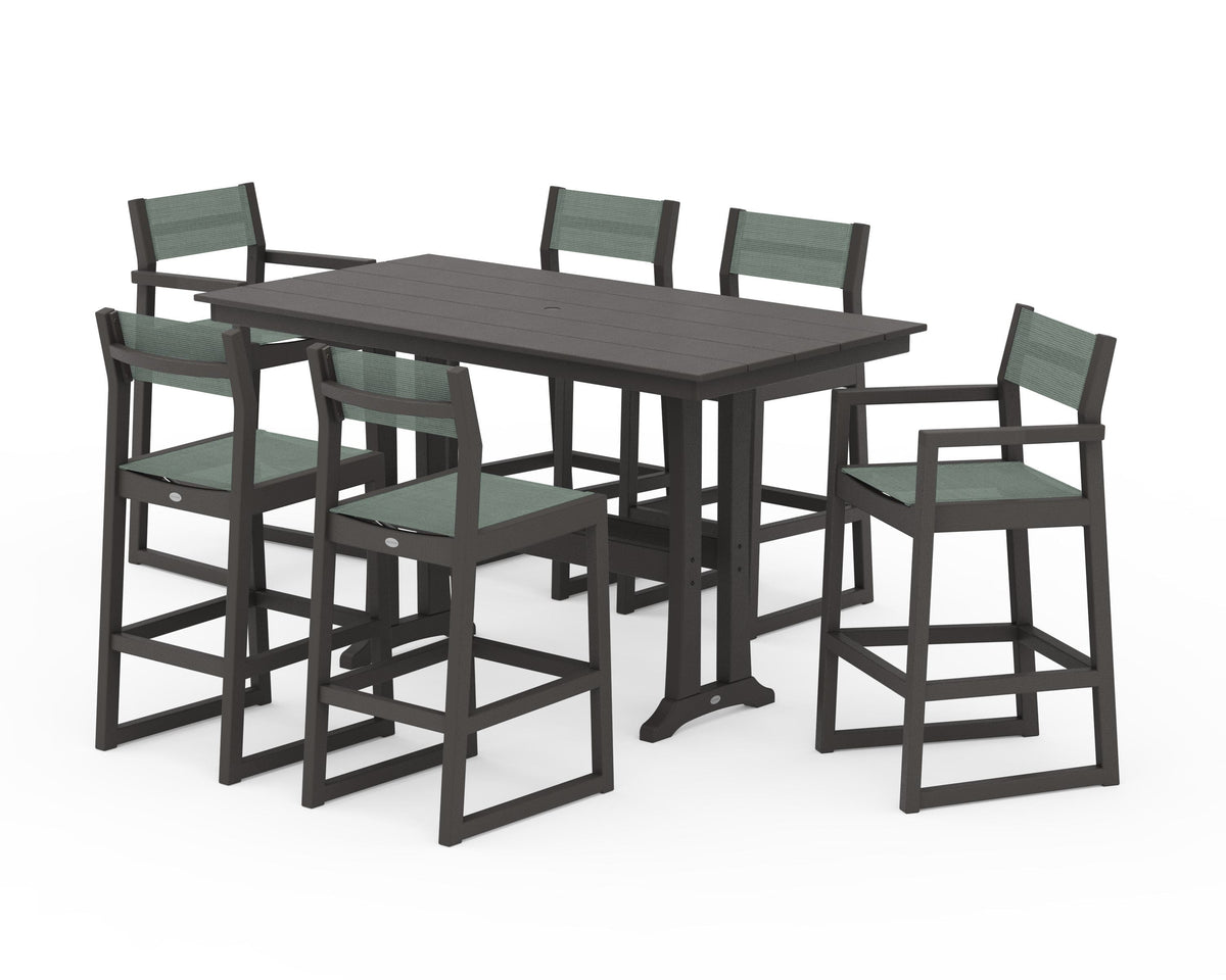 POLYWOOD EDGE Sling 7-Piece Farmhouse Bar Set with Trestle Legs in Vintage Coffee / Dupioni Sea Mist