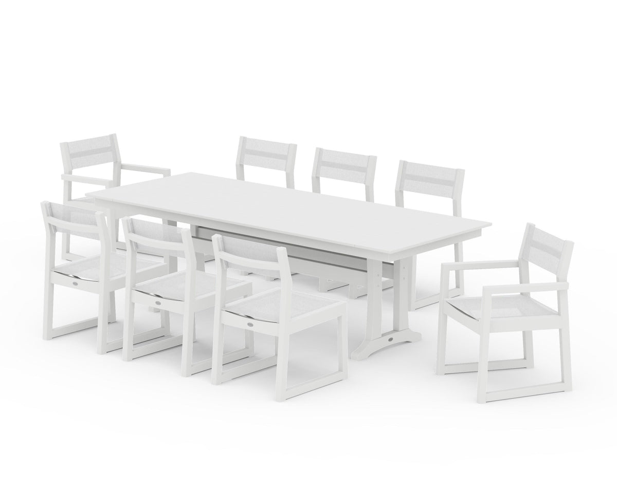 POLYWOOD EDGE Sling 9-Piece Farmhouse Trestle Dining Set in White / White