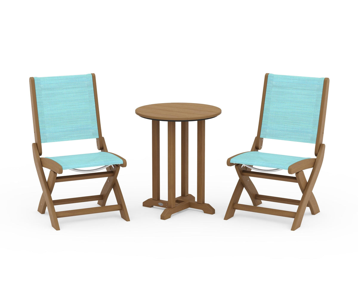 POLYWOOD Coastal Folding Side Chair 3-Piece Round Bistro Dining Set in Natural / Dupioni Aquamarine