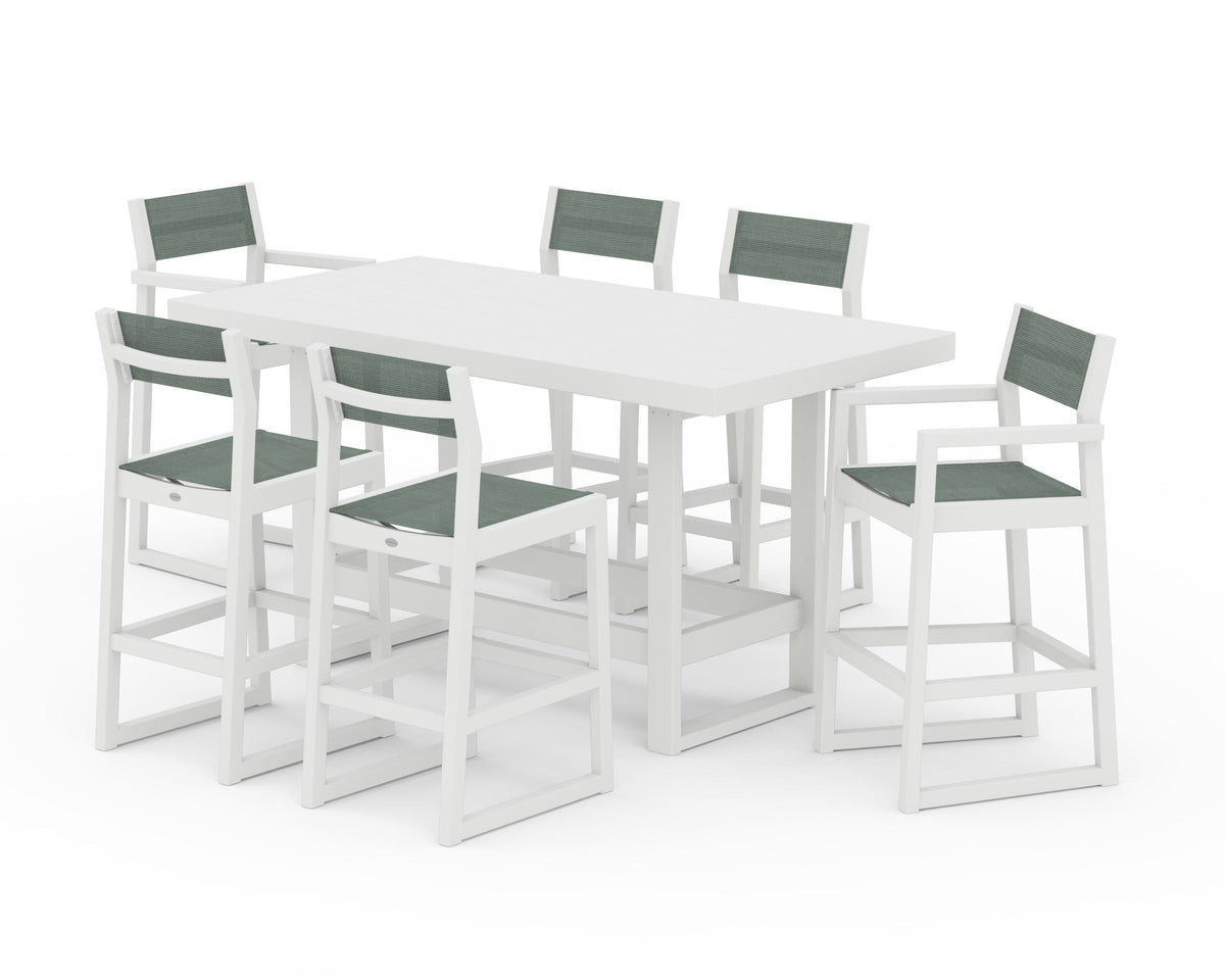POLYWOOD EDGE Sling 7-Piece Bar Table Set in White / Dupioni Sea Mist
