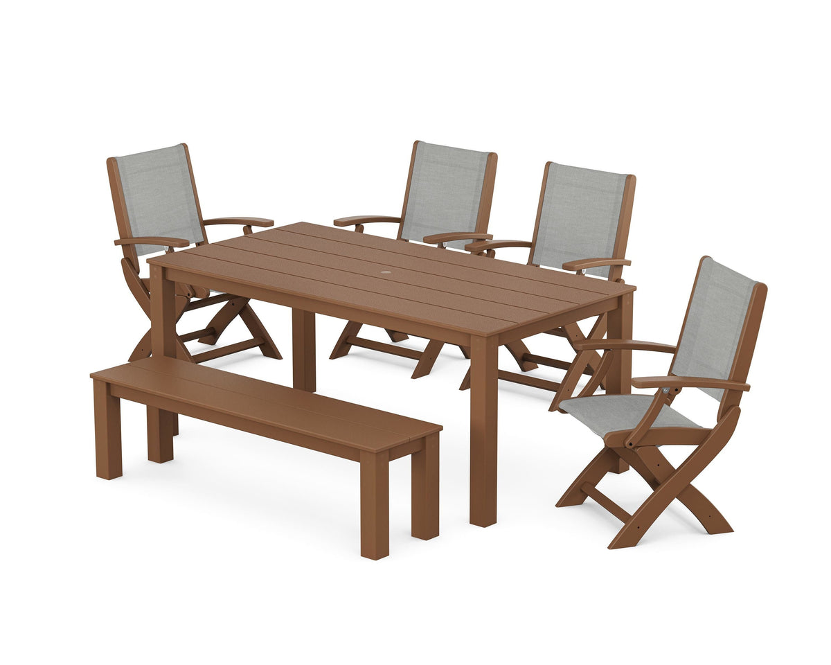 POLYWOOD Coastal Folding Chair 6-Piece Parsons Dining Set with Bench in Teak / Metallic