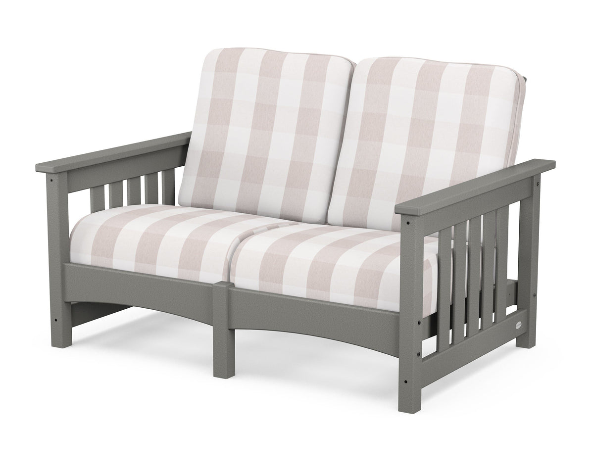 POLYWOOD Club Mission Loveseat in Slate Grey / Buffalo Plaid Dune Burlap