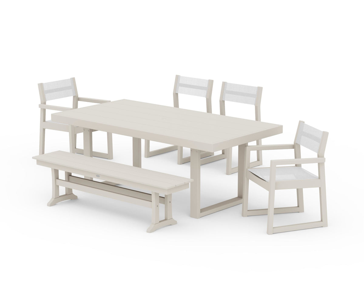 POLYWOOD EDGE Sling 6-Piece Dining Set with Bench in Sand / White
