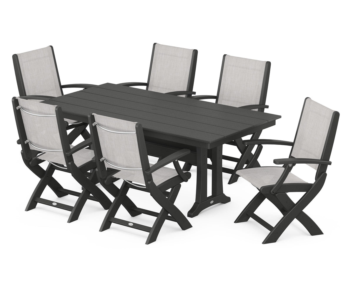 POLYWOOD Coastal Folding Arm Chair 7-Piece Farmhouse Dining Set with Trestle Legs in Black / Parchment