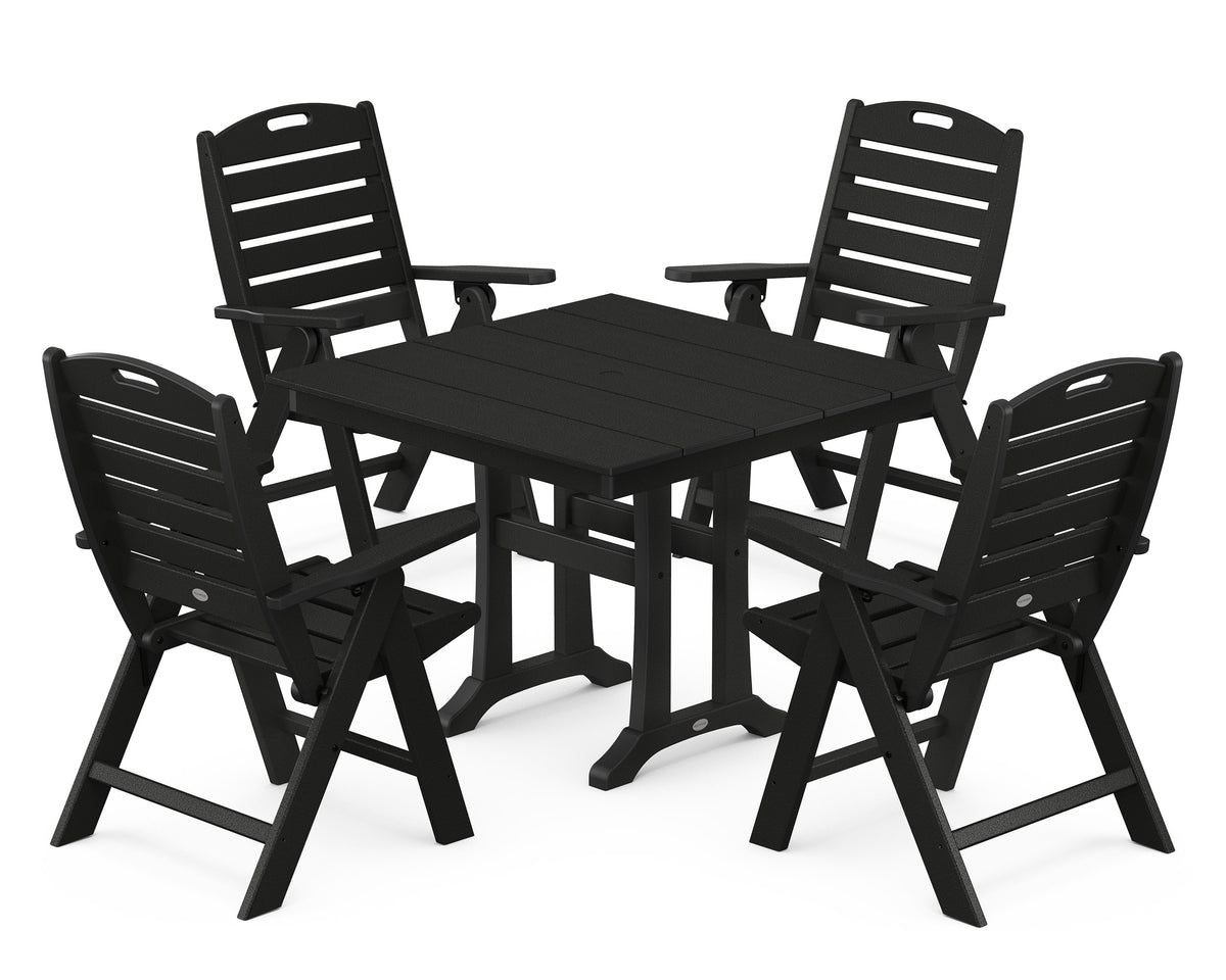 POLYWOOD Nautical Folding Highback Chair 5-Piece Farmhouse Trestle Dining Set in Black