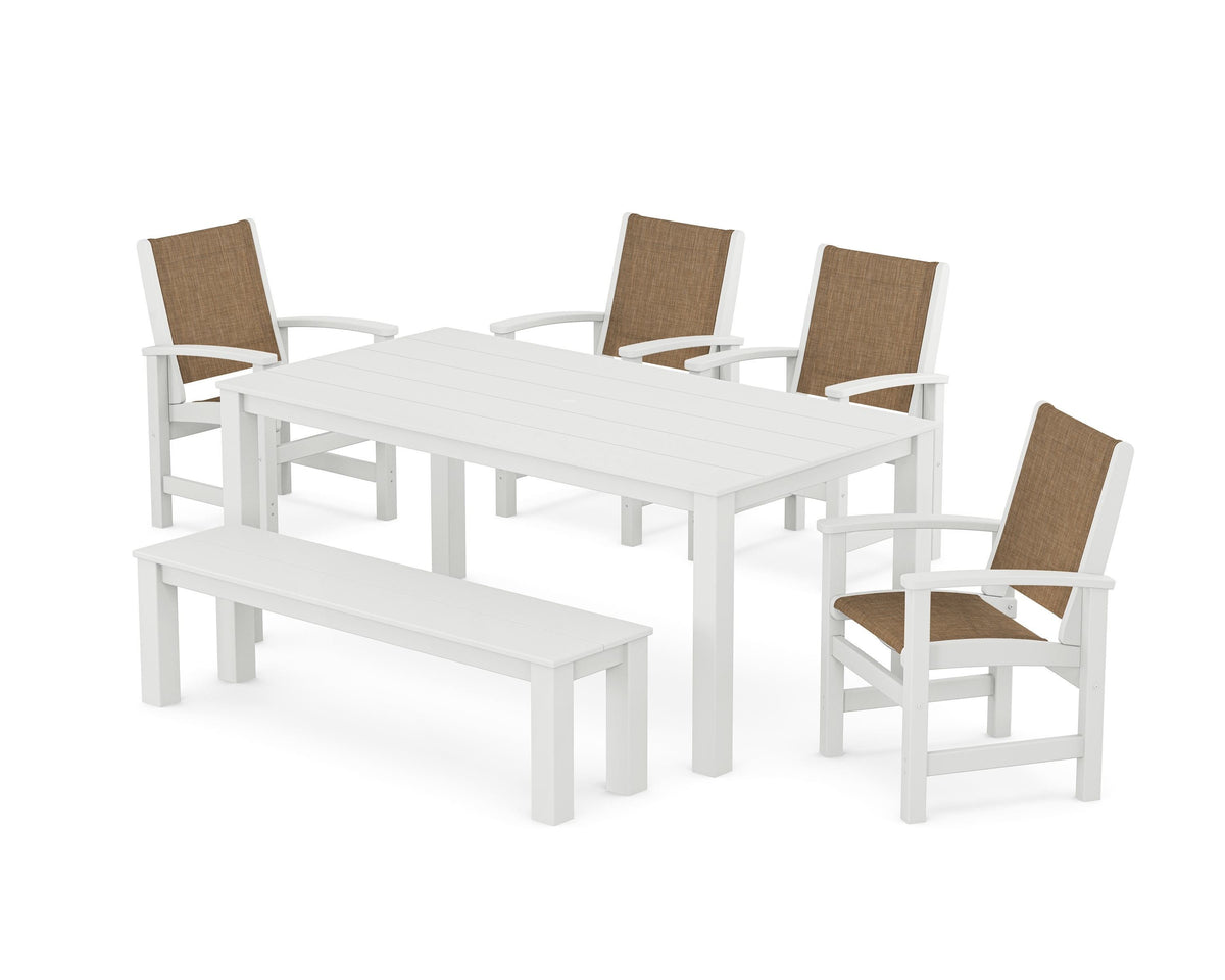 POLYWOOD Coastal 6-Piece Parsons Dining Set with Bench in White / Burlap