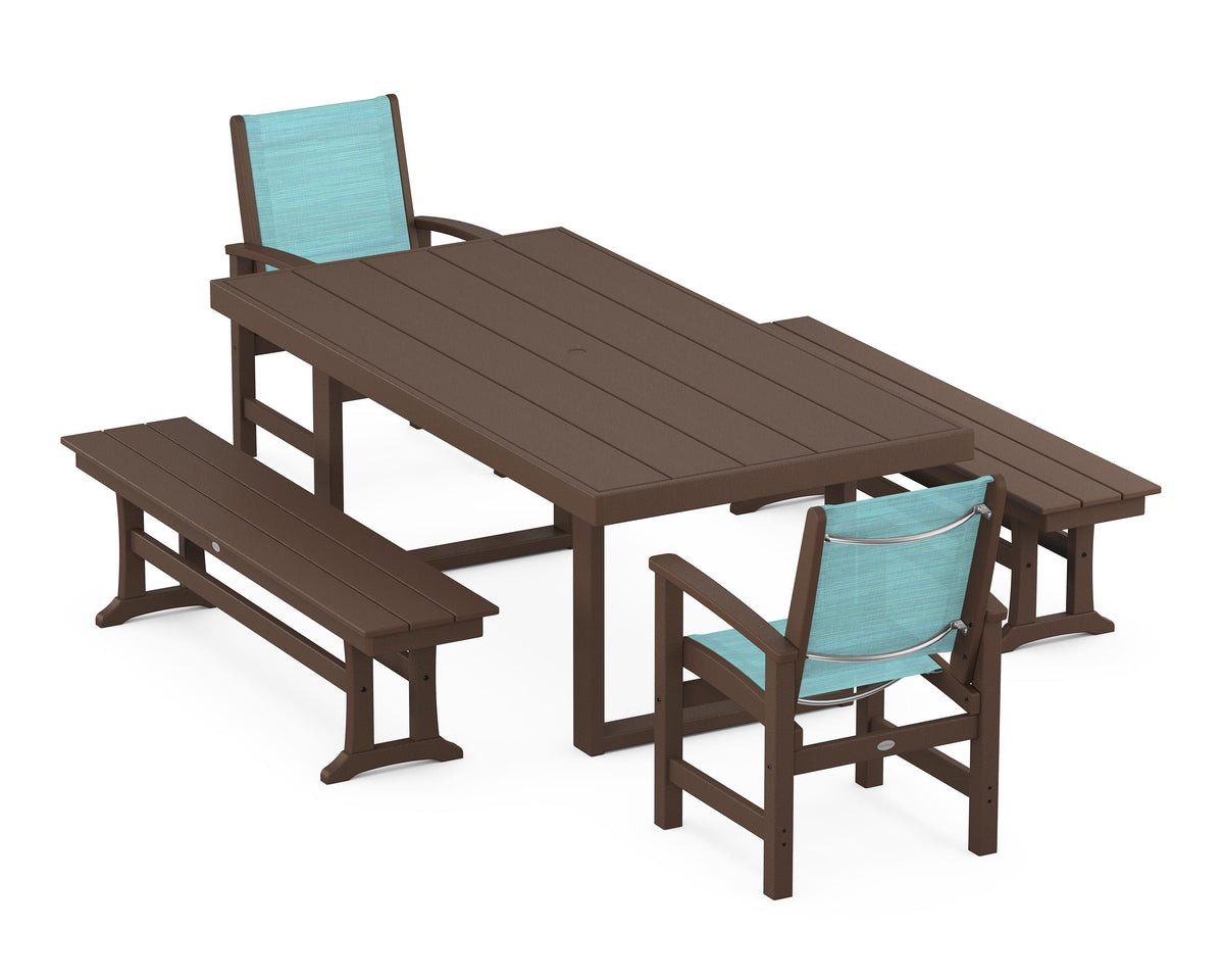 POLYWOOD Coastal 5-Piece Dining Set with Trestle Legs with EDGE 40" x 78" Dining Table in Mahogany / Dupioni Aquamarine