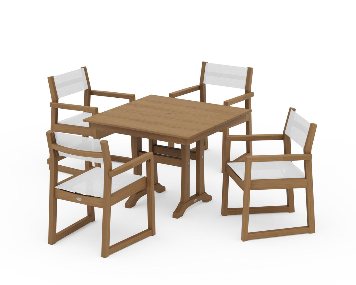 POLYWOOD EDGE Sling 5-Piece Farmhouse Dining Set with Trestle Legs in Natural / White
