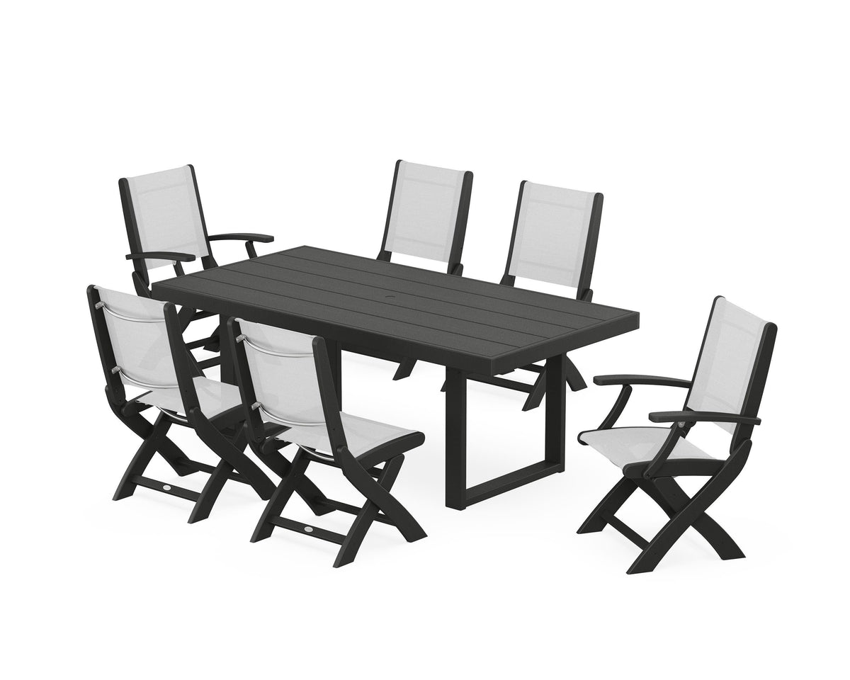 POLYWOOD Coastal Folding Chair 7-Piece Dining Set with Trestle Legs with EDGE 40" x 78" Dining Table in Black / White