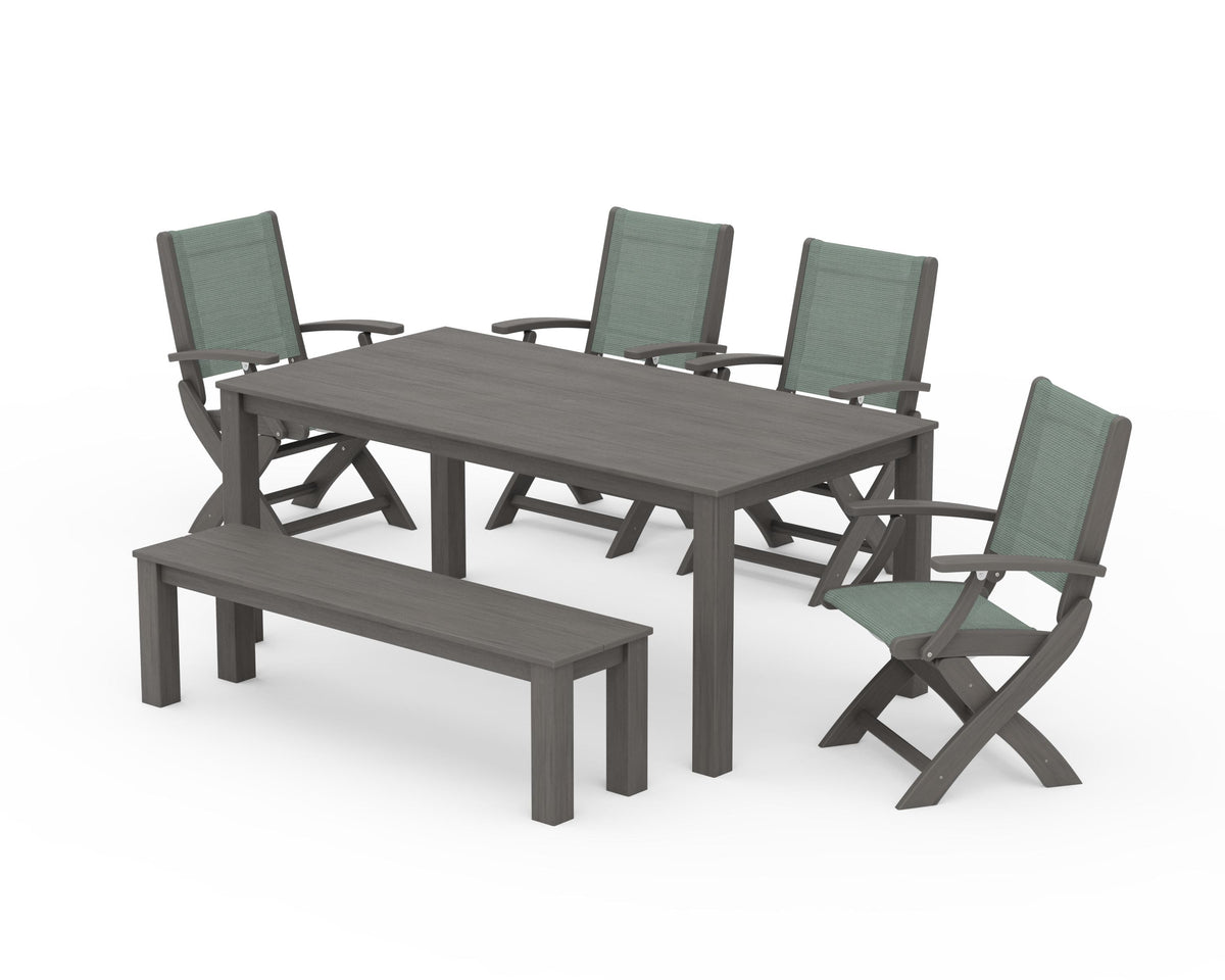 POLYWOOD Coastal Folding Chair 6-Piece Parsons Dining Set with Bench in Driftwood / Dupioni Sea Mist