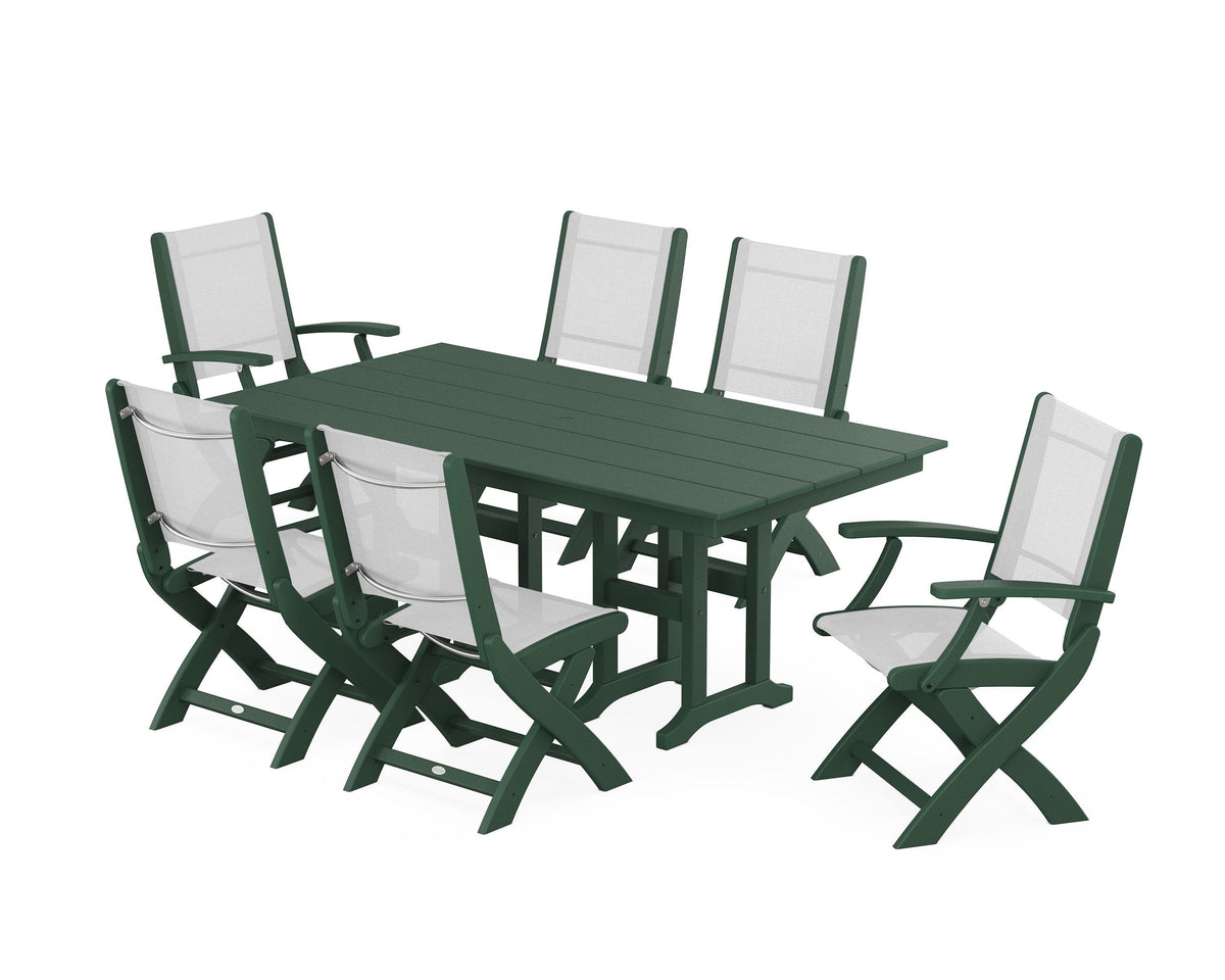 POLYWOOD Coastal Folding Chair 7-Piece Farmhouse Dining Set in Green / White