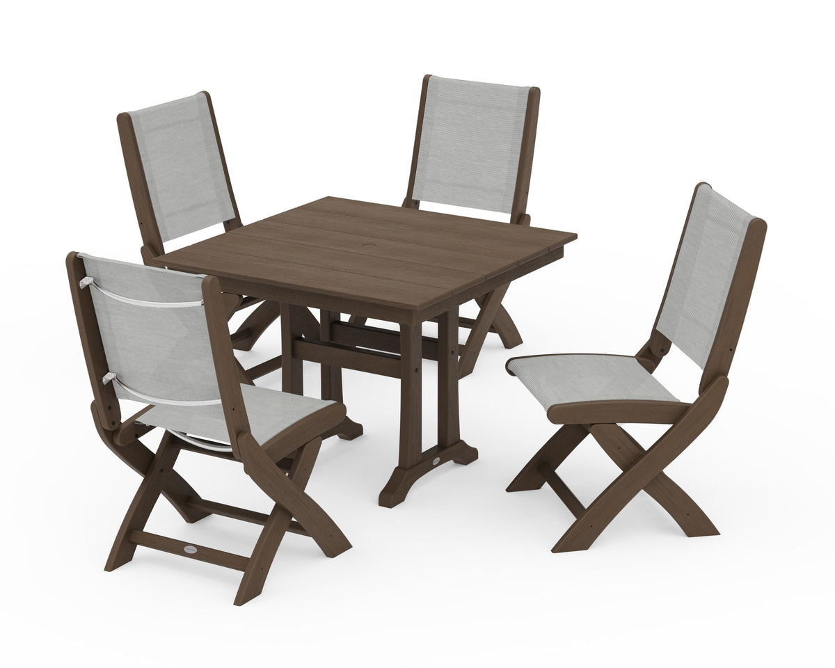 POLYWOOD Coastal Folding Side Chair 5-Piece Farmhouse Dining Set With Trestle Legs in Kona / Metallic