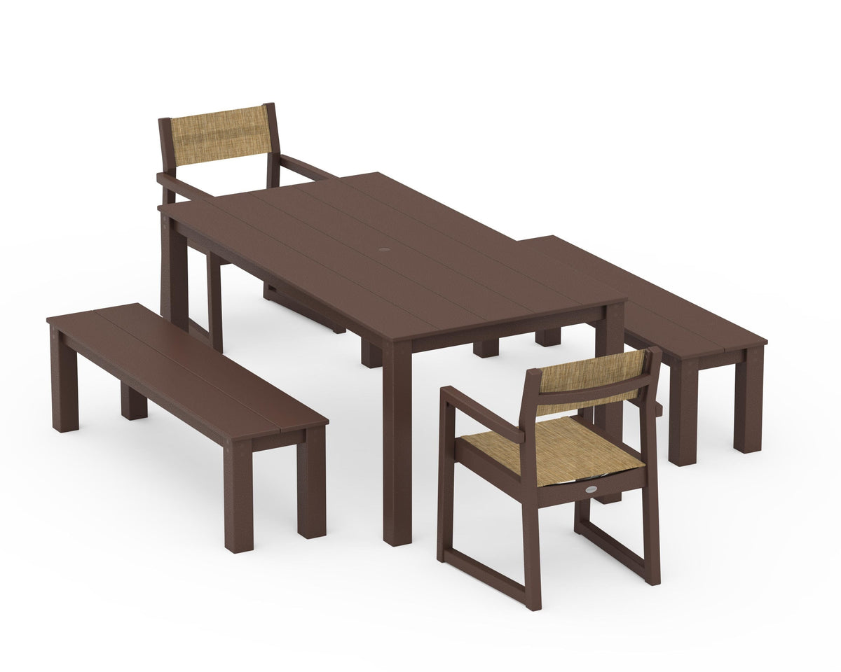 POLYWOOD EDGE Sling Arm Chair 5-Piece Parsons Dining Set with Benches in Mahogany / Burlap