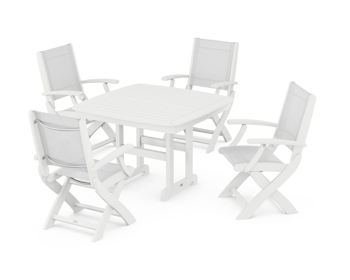 POLYWOOD Coastal Folding Chair 5-Piece Dining Set with Nautical 44" Dining Table in White / White