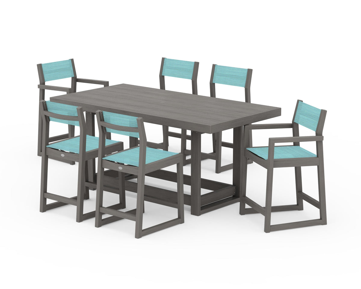 POLYWOOD EDGE Sling 7-Piece Counter Table Set in Driftwood / Dupioni Aquamarine