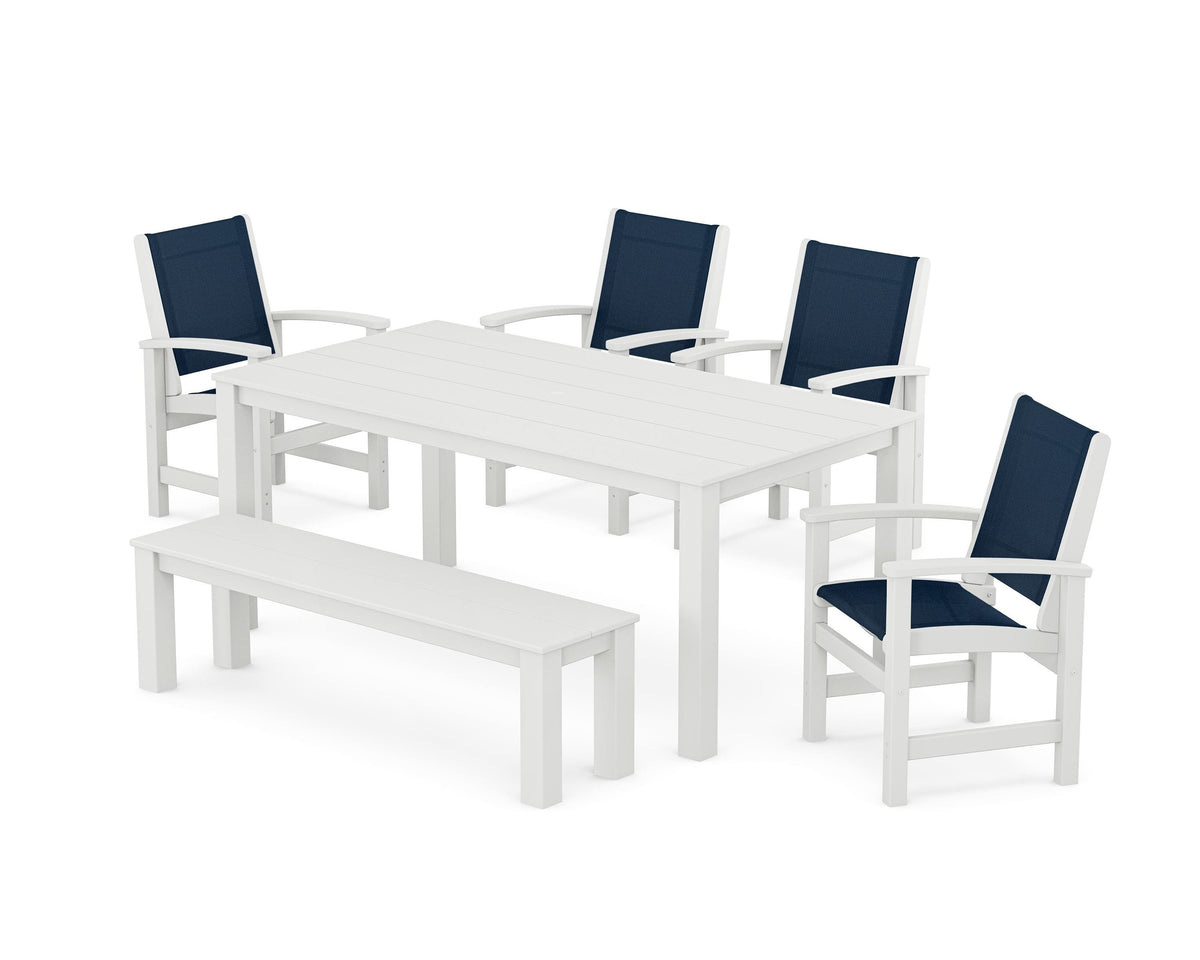 POLYWOOD Coastal 6-Piece Parsons Dining Set with Bench in White / Navy Blue