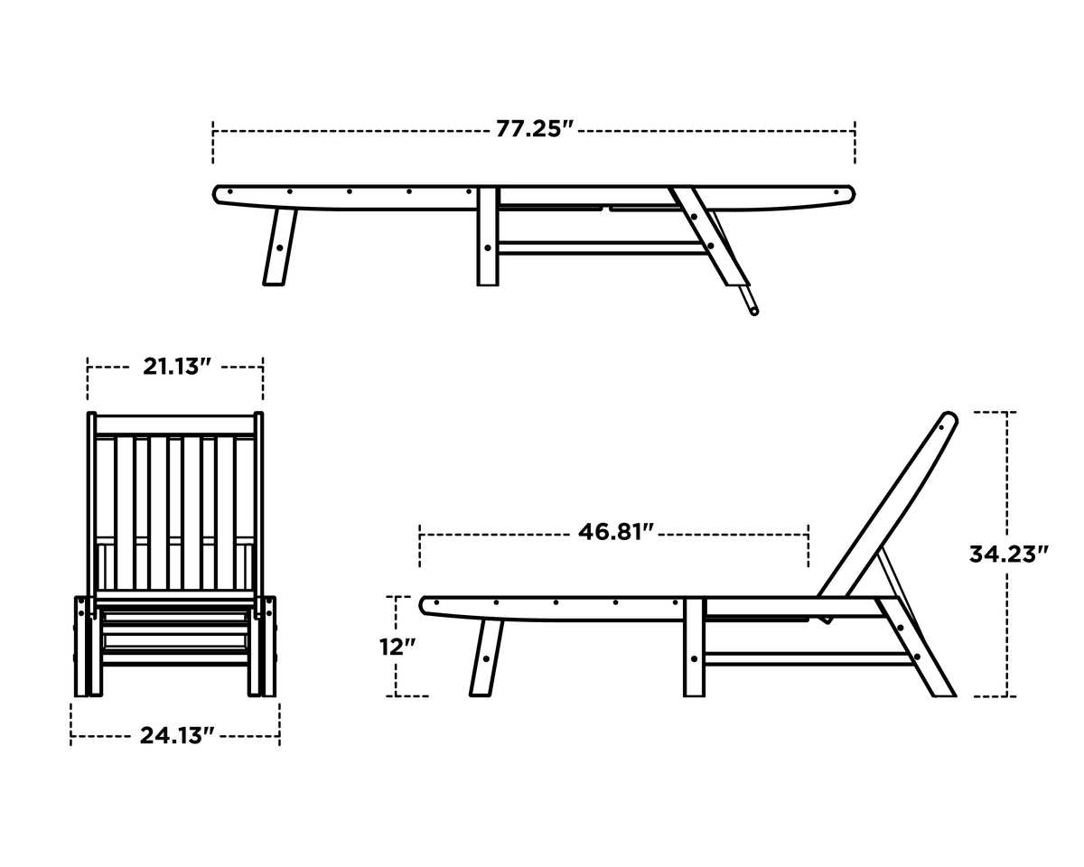 POLYWOOD Vineyard Chaise dimension drawing with width, depth and height measurements