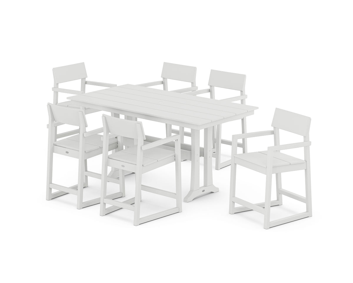 POLYWOOD EDGE Arm Chair 7-Piece Farmhouse Counter Set with Trestle Legs in White