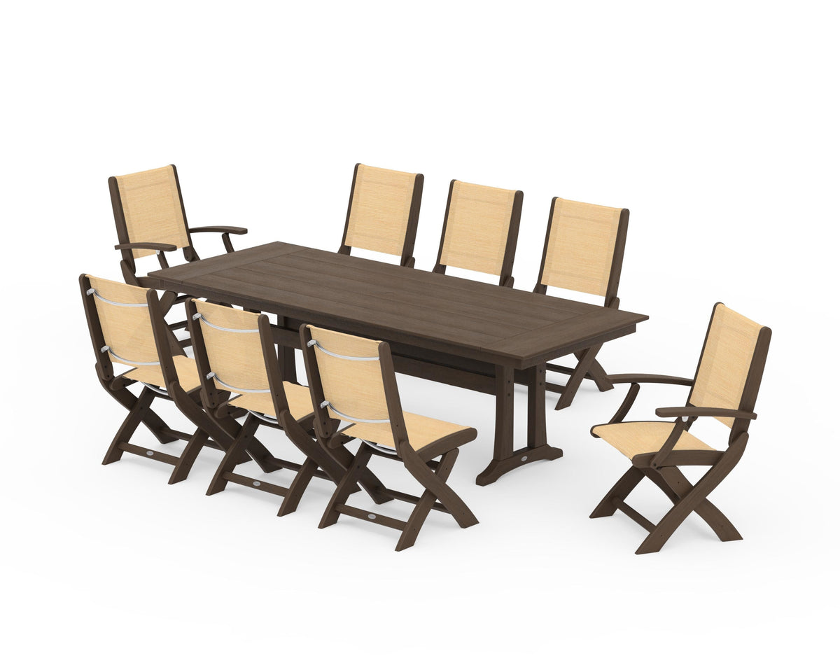 POLYWOOD Coastal 9-Piece Folding Dining Chair Farmhouse Dining Set with Trestle Legs in Kona / Dupioni Apricot