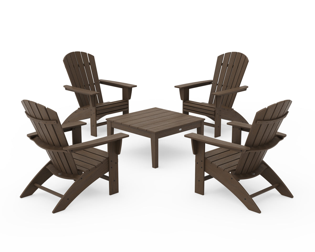 POLYWOOD 5-Piece Nautical Curveback Adirondack Chair Conversation Set with 36" Conversation Table in Kona