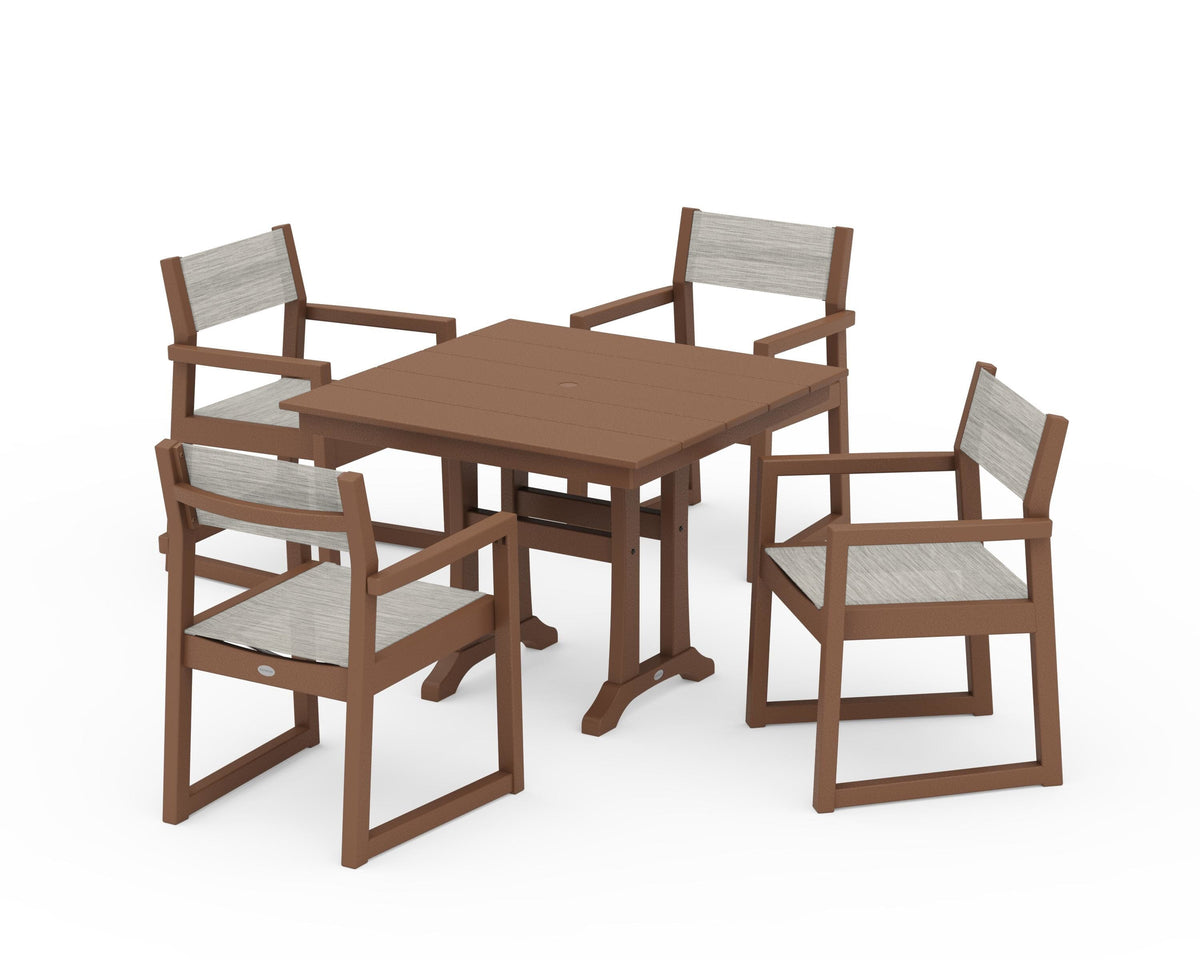 POLYWOOD EDGE Sling 5-Piece Farmhouse Dining Set with Trestle Legs in Teak / Birch
