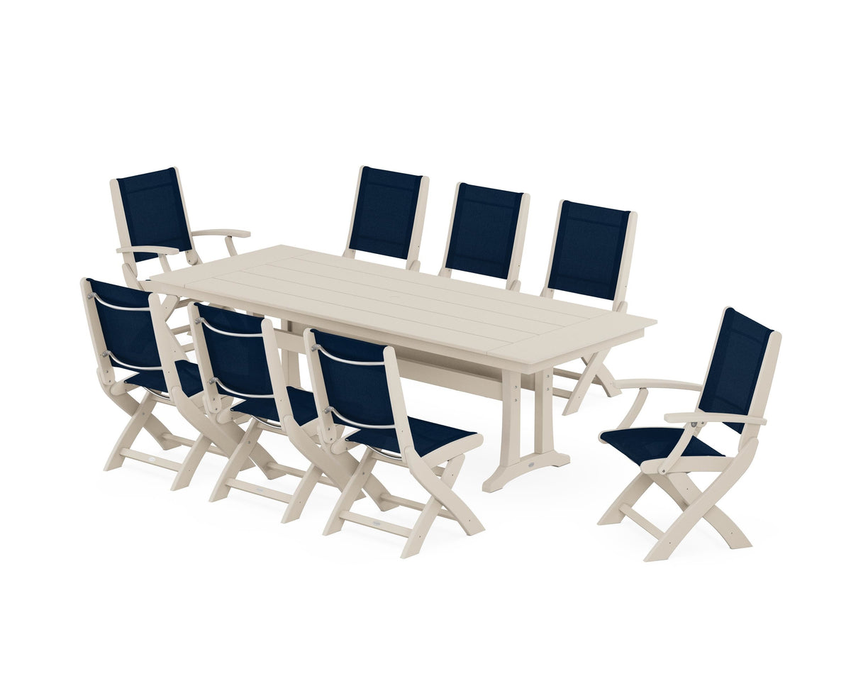 POLYWOOD Coastal 9-Piece Folding Dining Chair Farmhouse Dining Set with Trestle Legs in Sand / Navy Blue