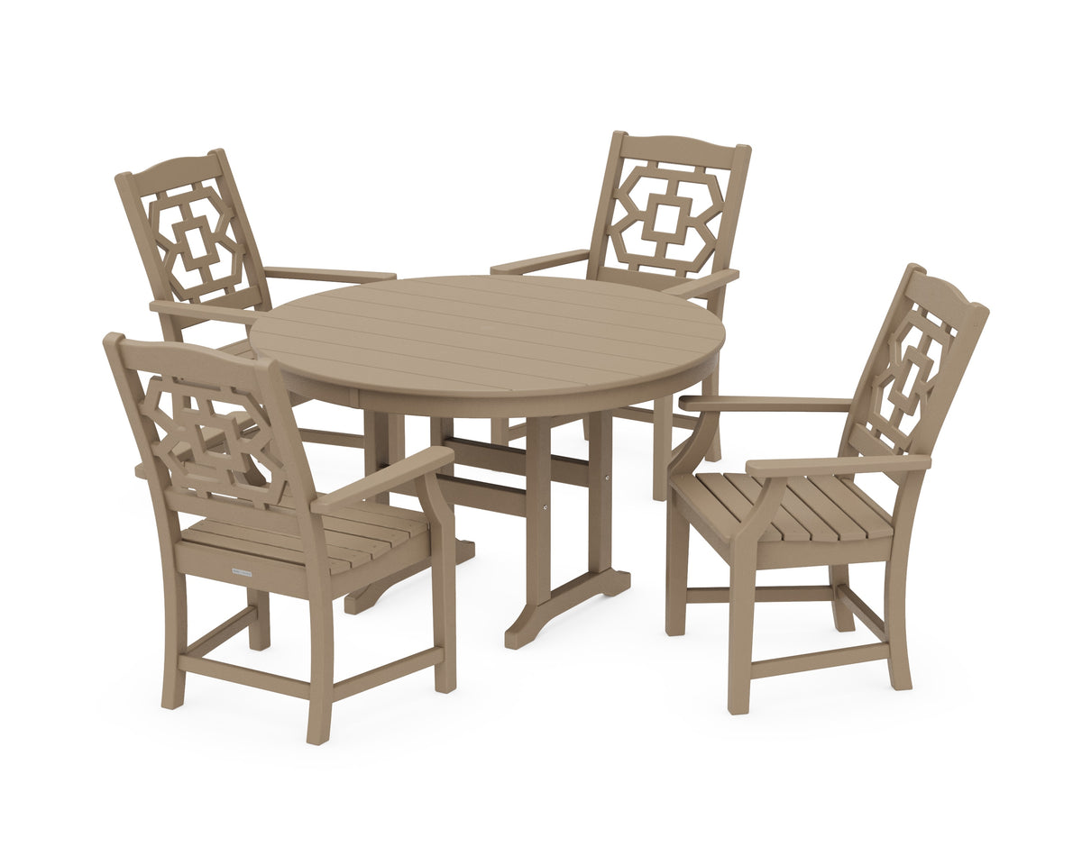 POLYWOOD Chinoiserie 5-Piece Round Farmhouse Dining Set in Vintage Sahara