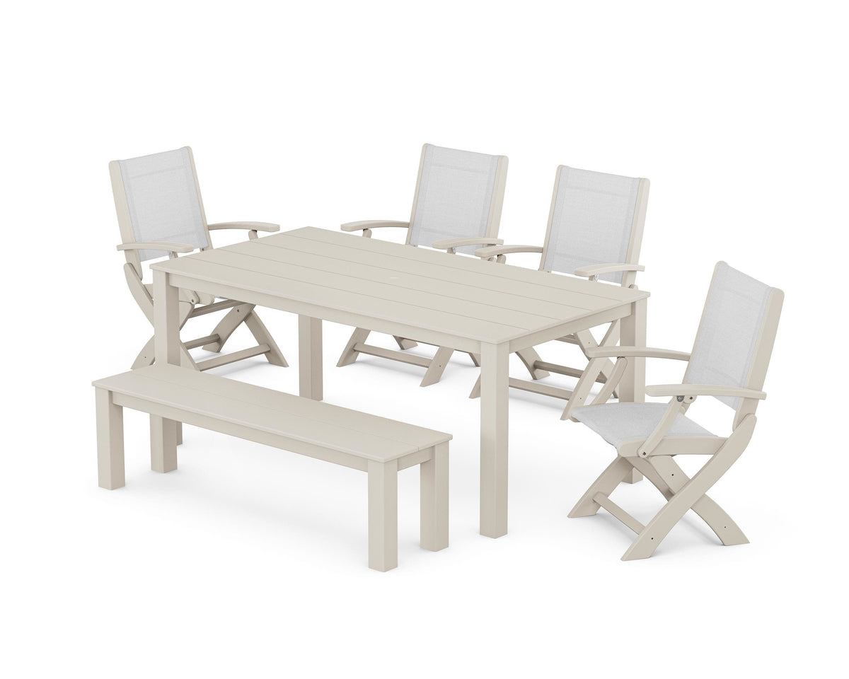 POLYWOOD Coastal Folding Chair 6-Piece Parsons Dining Set with Bench in Sand / White