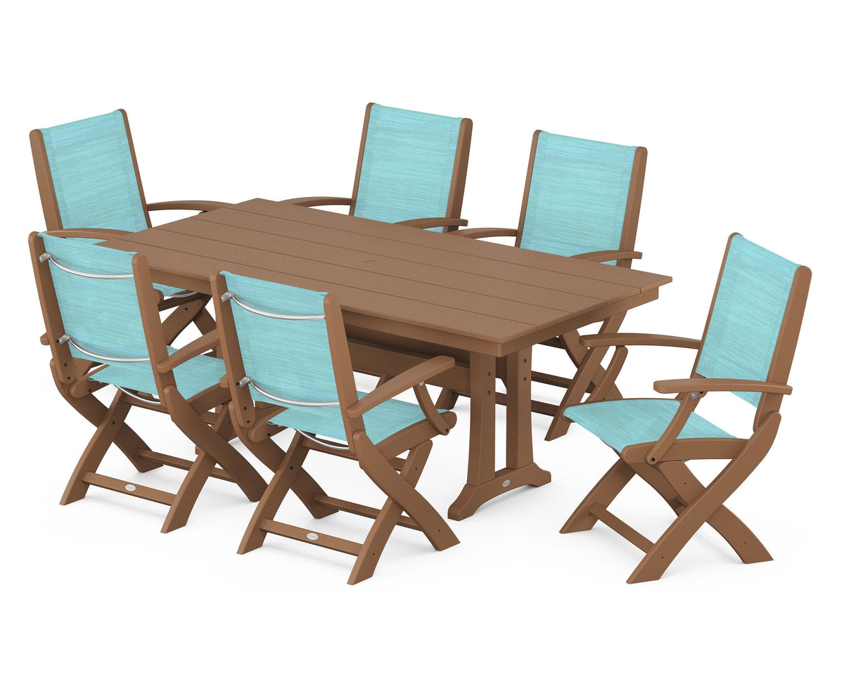 POLYWOOD Coastal Folding Arm Chair 7-Piece Farmhouse Dining Set with Trestle Legs in Teak / Dupioni Aquamarine