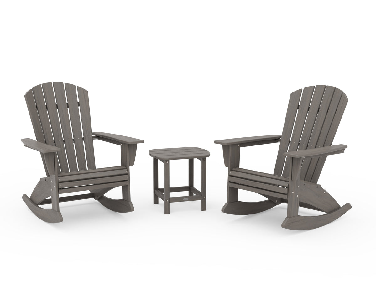 POLYWOOD Nautical Curveback 3-Piece Adirondack Rocking Chair Set in Driftwood