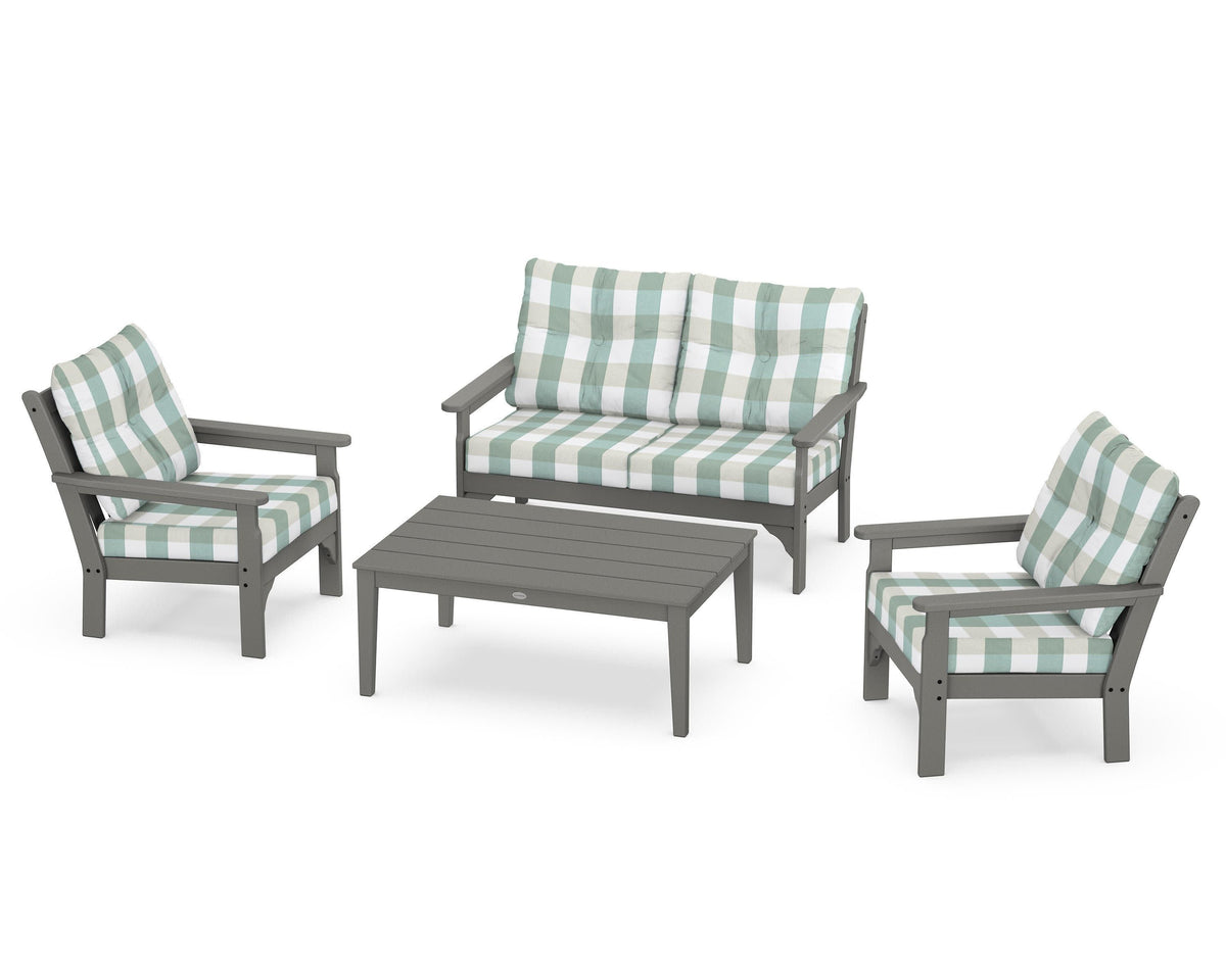 POLYWOOD Vineyard 4-Piece Deep Seating Set with Two Chairs and Loveseat in Slate Grey / Buffalo Plaid Glacier Spa