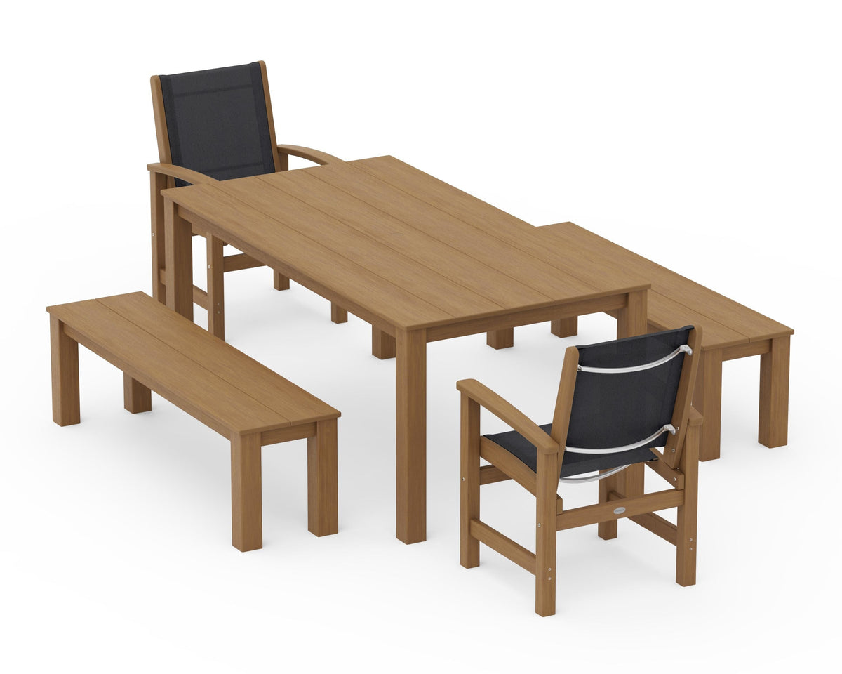 POLYWOOD Coastal 5-Piece Parsons Dining Set with Benches in Natural / Black
