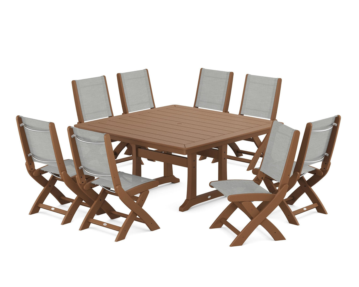 POLYWOOD Coastal Folding Side Chair 9-Piece Dining Set with Trestle Legs in Teak / Metallic
