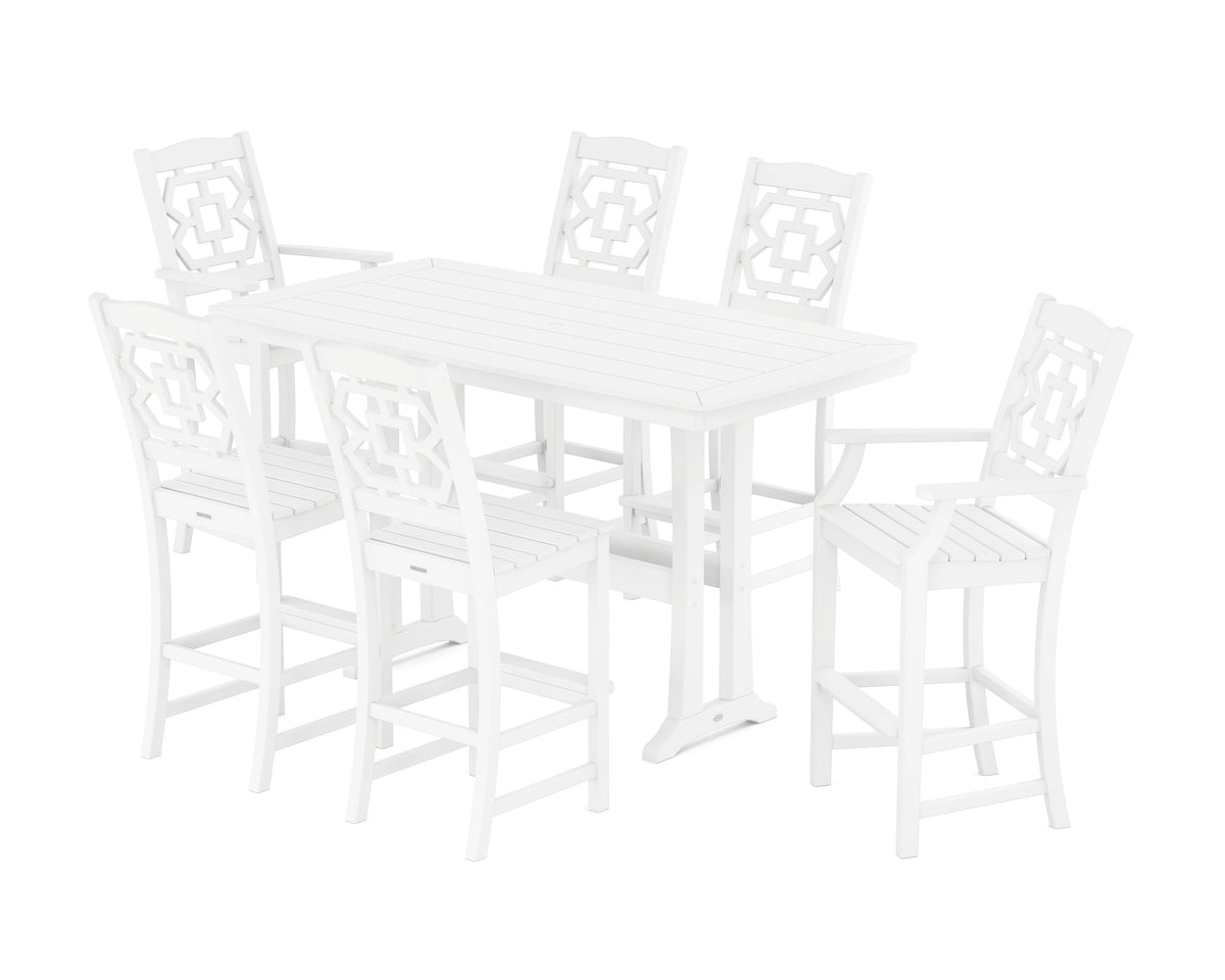 POLYWOOD Chinoiserie 7-Piece Bar Set with Trestle Legs in White