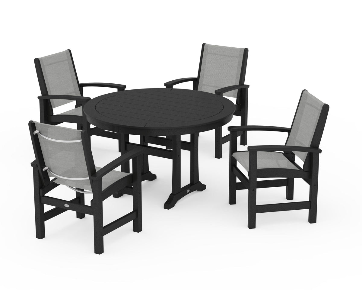 POLYWOOD Coastal 5-Piece Round Dining Set with Trestle Legs in Black / Metallic