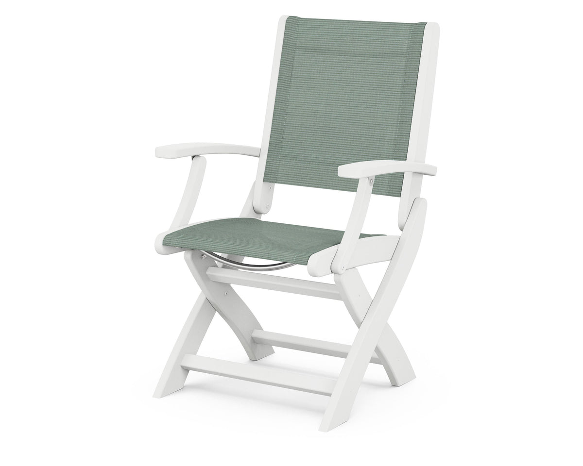POLYWOOD Coastal Folding Chair in White with White arms and Dupioni Sea Mist sling