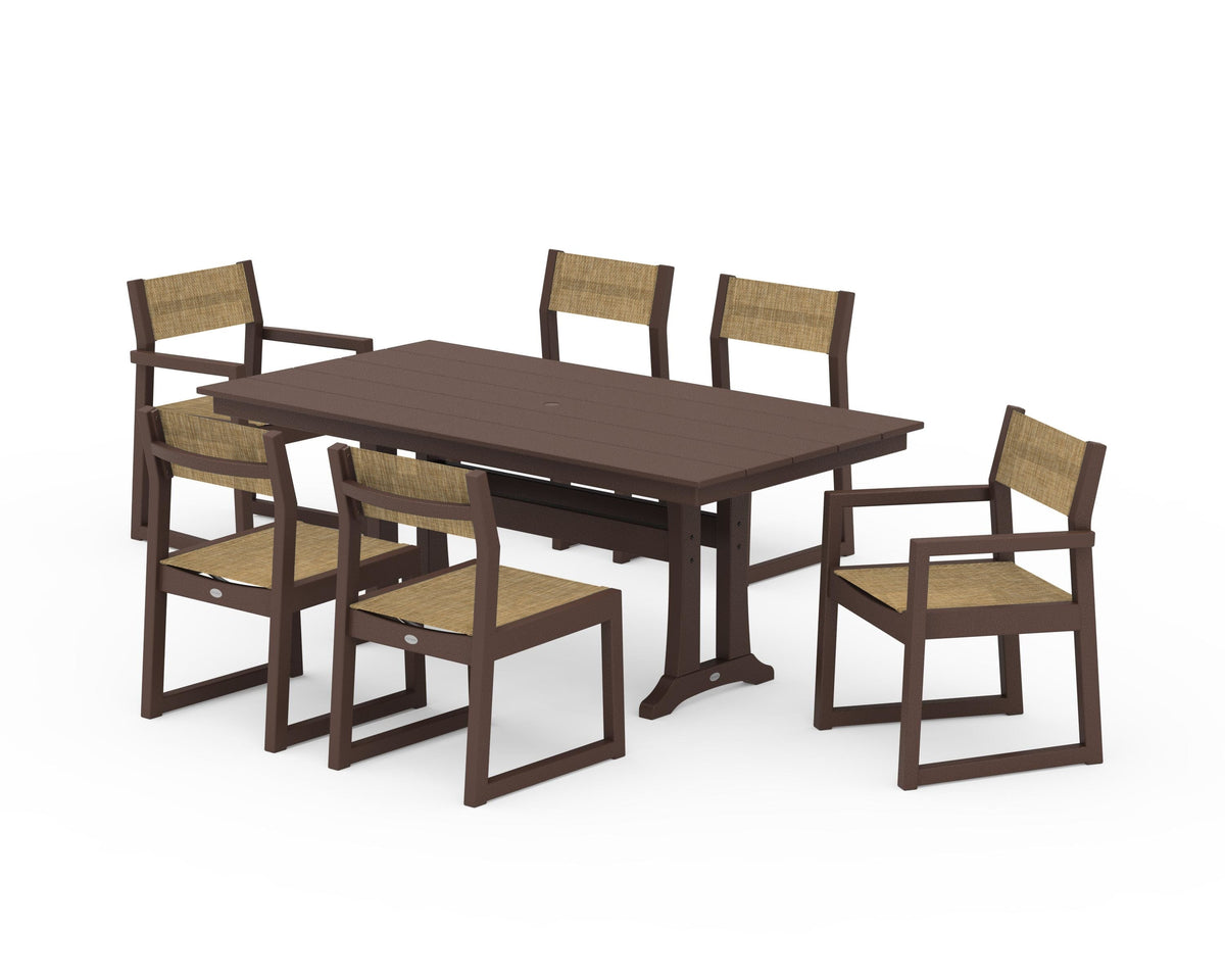 POLYWOOD EDGE Sling 7-Piece Farmhouse Trestle Dining Set in Mahogany / Burlap