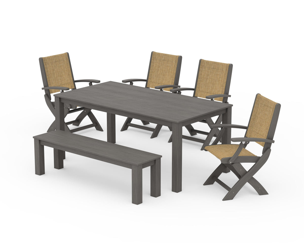 POLYWOOD Coastal Folding Chair 6-Piece Parsons Dining Set with Bench in Driftwood / Burlap