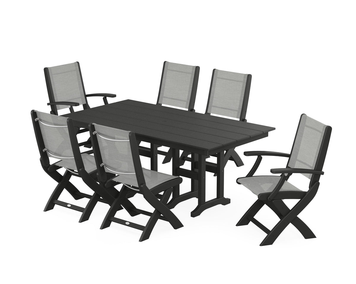 POLYWOOD Coastal Folding Chair 7-Piece Farmhouse Dining Set in Black / Metallic