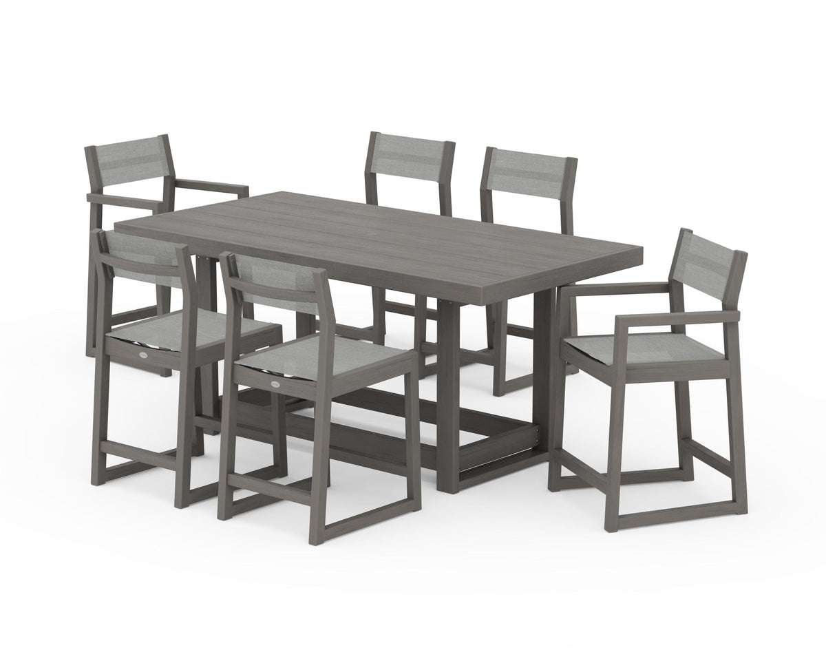 POLYWOOD EDGE Sling 7-Piece Counter Table Set in Driftwood / Metallic
