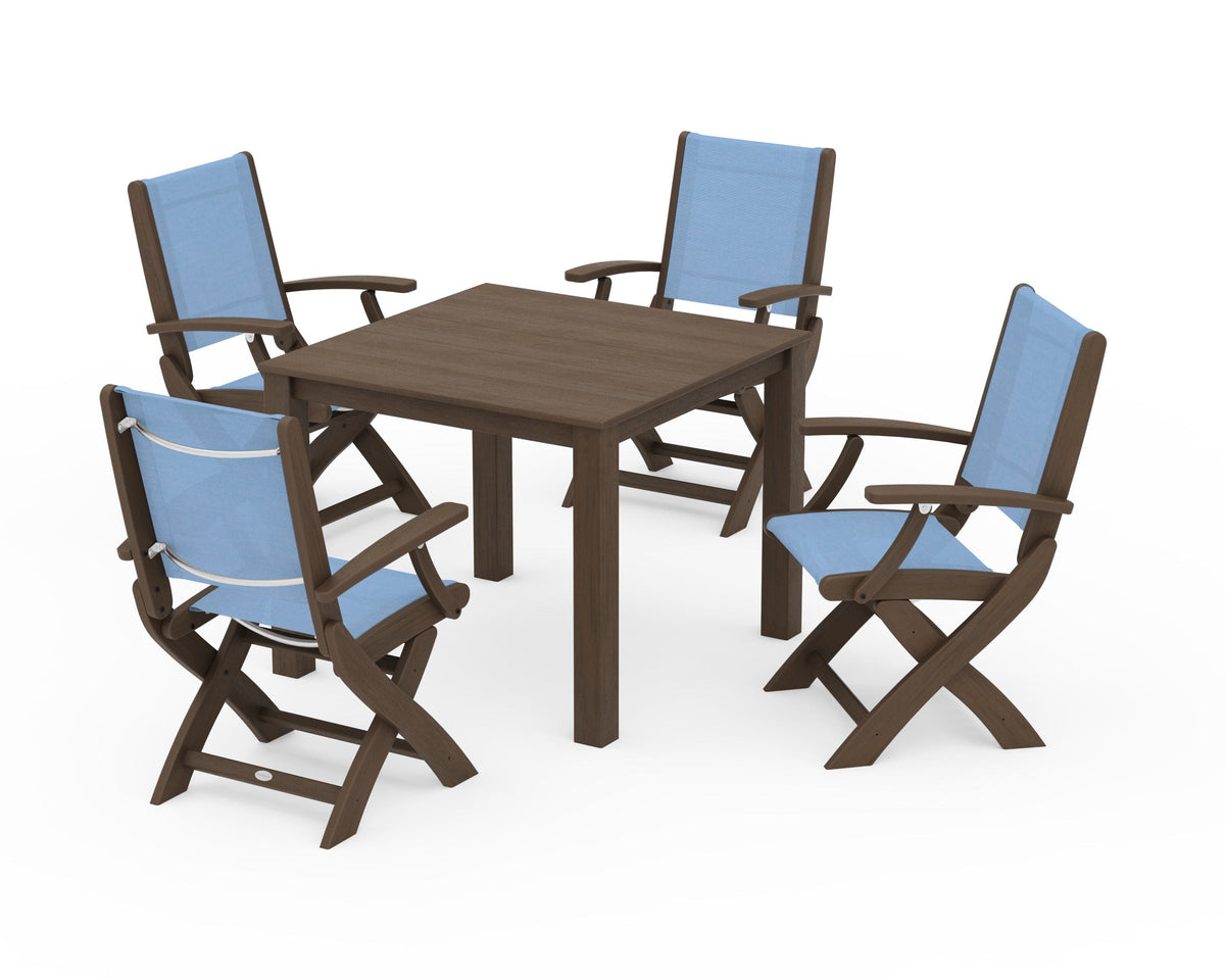 POLYWOOD Coastal Folding Chair 5-Piece Parsons Dining Set in Kona / Poolside